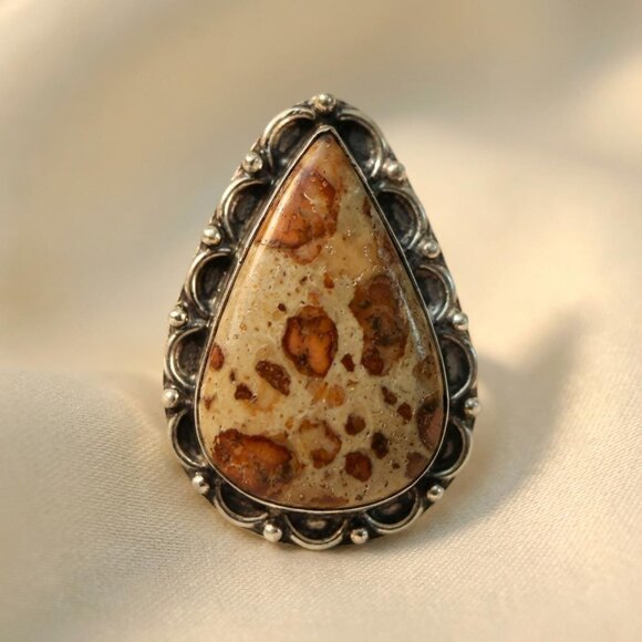 Jewelry - Jasper Ring Natural Stone Cabochon Silver Tone Statement Ring Size 10